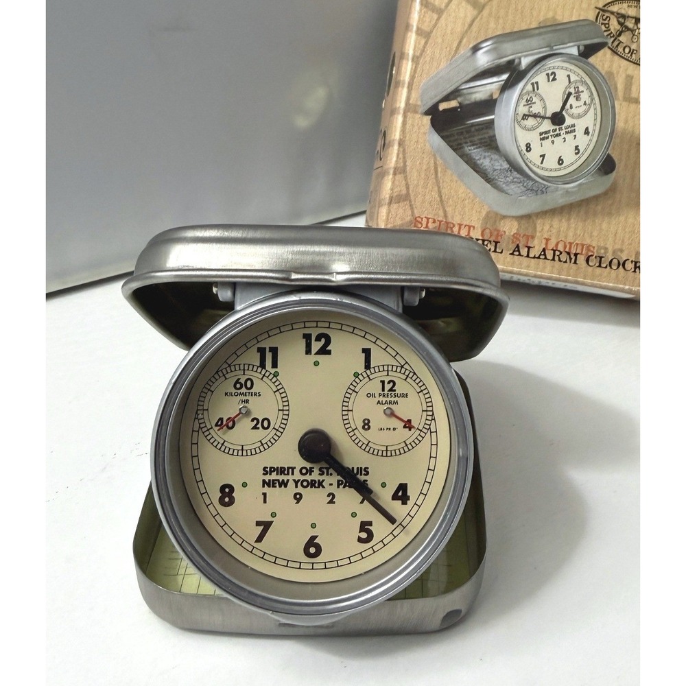 Vintage Travel Alarm Clock Aviation Spirit of St Louis Silver Tone